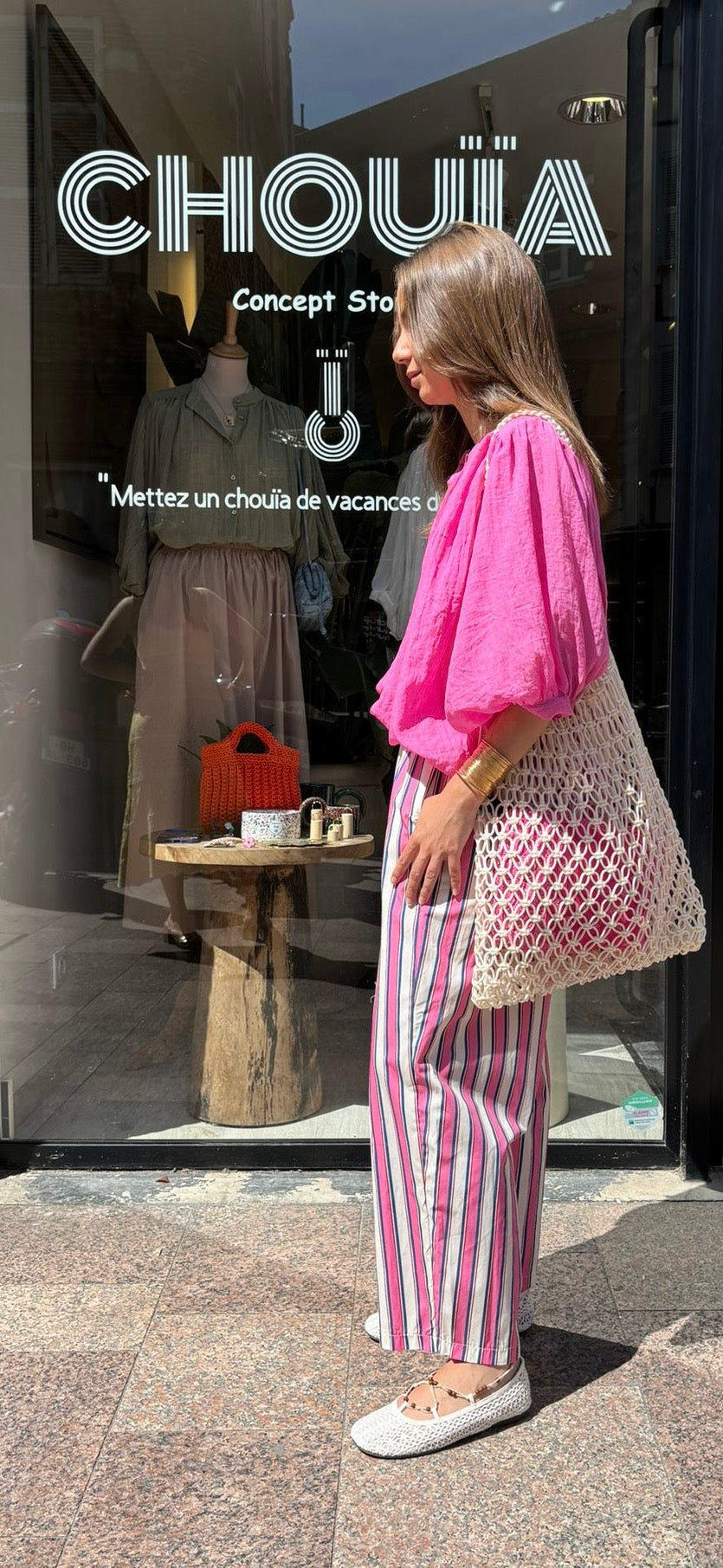 Pantalon « Ibiza » Rose/blanc